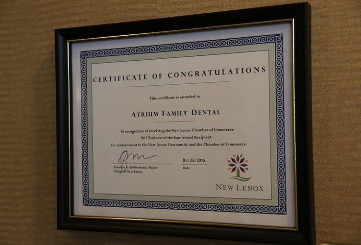 New Lenox Chamber of Commerce award certificate