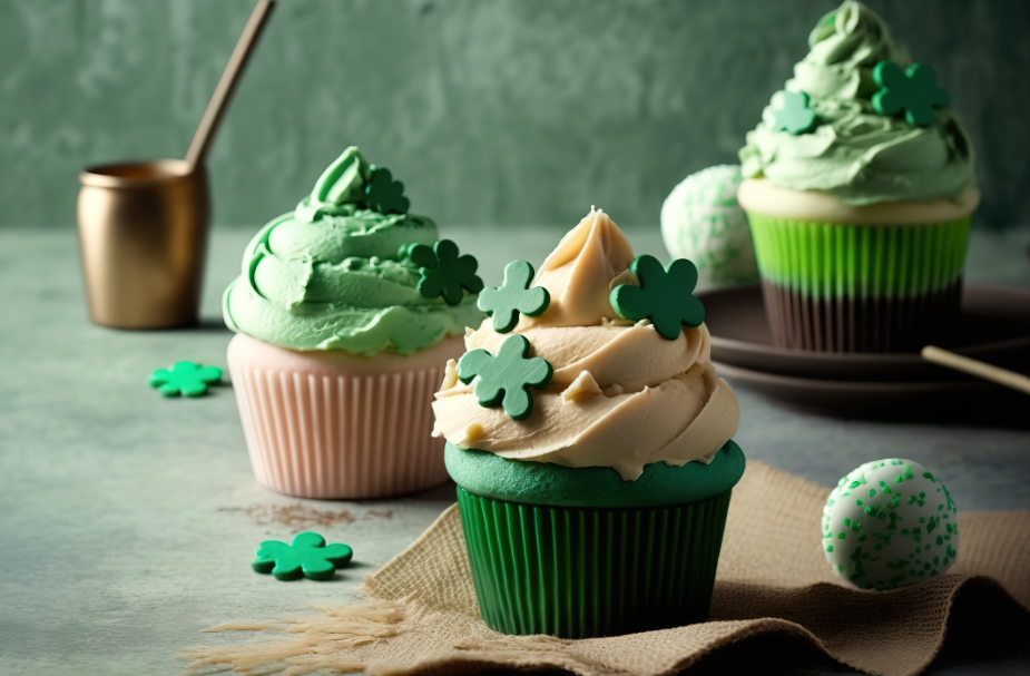 St. Paddy's Day green cupcakes with shamrock sprinkles on a table